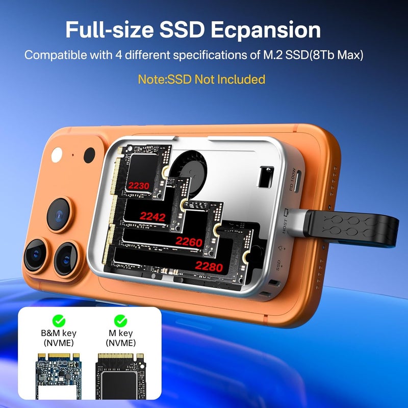 Acasis 10Gbps Magnetic M.2 NVMe SSD Enclosure & 2230 NVMe SSD Enclosure with Cooling Fan for iPhone 17/16/15 Pro/Pro Max Tool Free Installation,Support SSD Size 2230/2242/2260/2280 B+M M-Key - Image 3